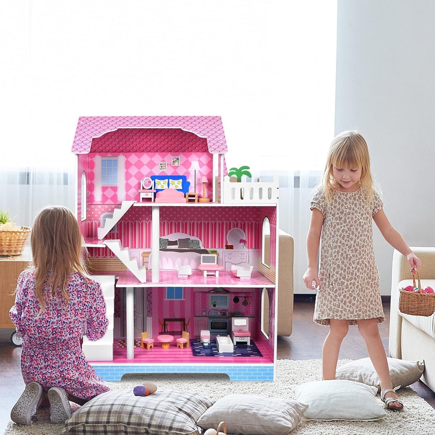HENGMEI Puppenhaus Kinder Holz Puppenvilla Dollhouse Set Mädchen Spielset 3 Etagen House mit Möbeln und Zubehör, 70x30x100cm Puppenhäuser für Kinder (Typ B)