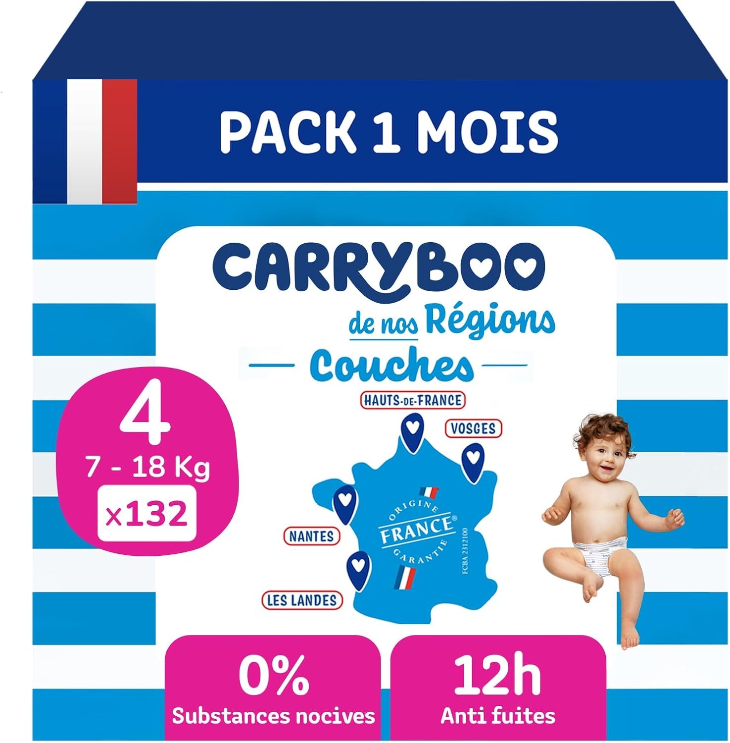 - Couche taille 4 (7-18 kg) – saine et extrêmement absorbante – étanche 12 heures – ohne unerwünschte Substanzen – fabriquée en France – prix abordable – 132 couches jetables