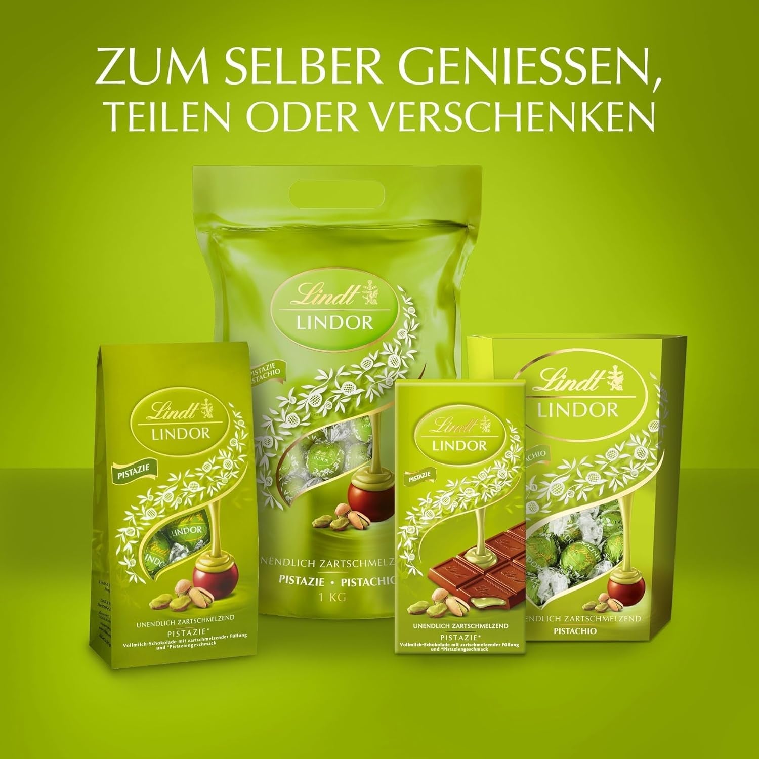 Lindt LINDOR Chocolat à la pistache | Sac refermable de 1 kg | env. 80 boules de chocolat au lait fourrées à la crème fondante à la pistache | Colis vrac, cadeau praliné