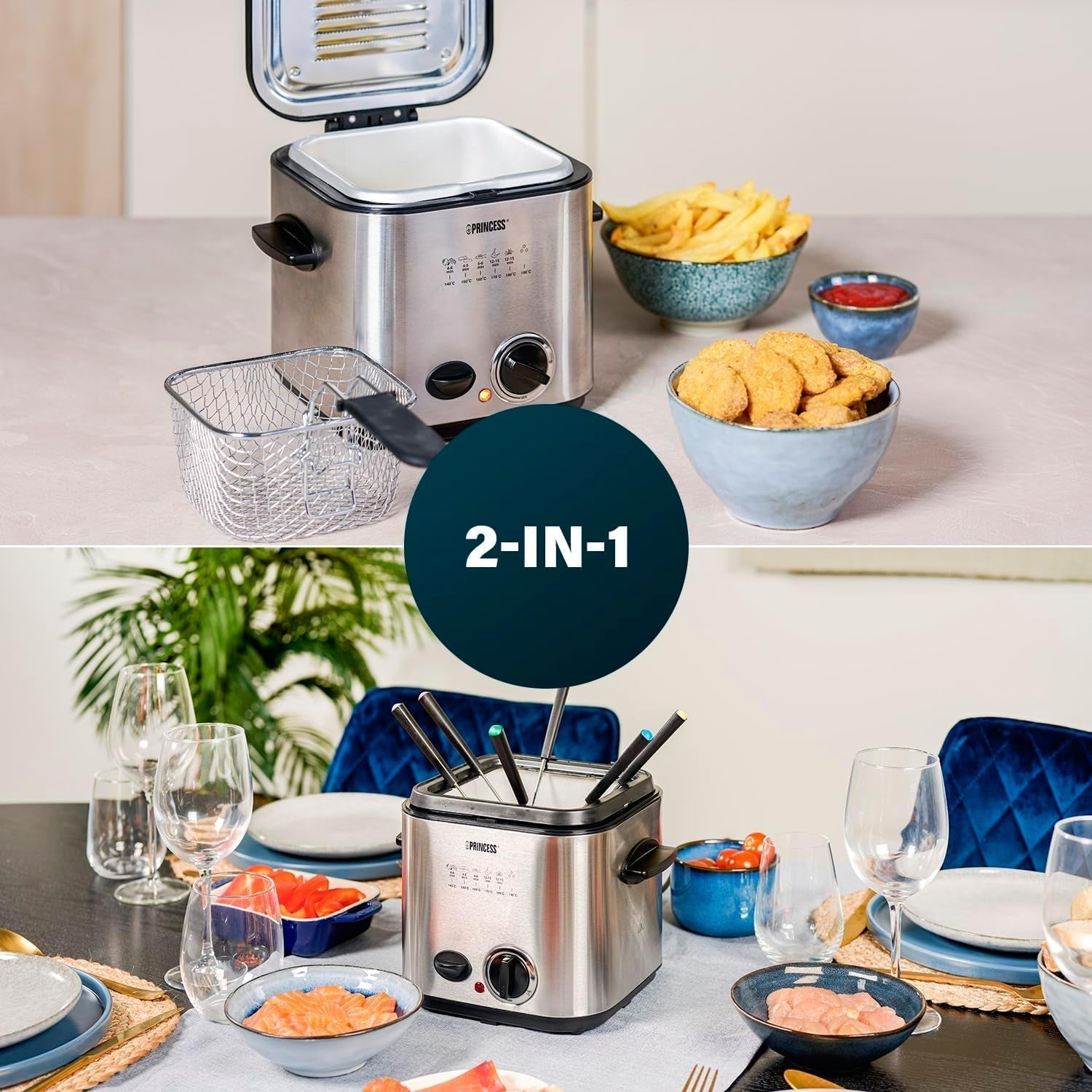 Mini Friteuse à Fondue Princess 182611 - Chauffage Rapide - Filtre à Odeurs - Capacité 1,2 Litre, Argent Électroménager Naty Shop