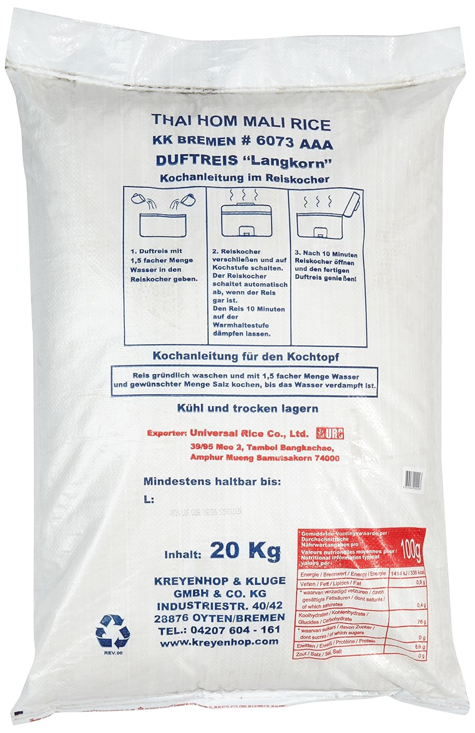 Riz parfumé Aroy-D, 100% riz à grains longs, 1 paquet (1 x 20 kg)