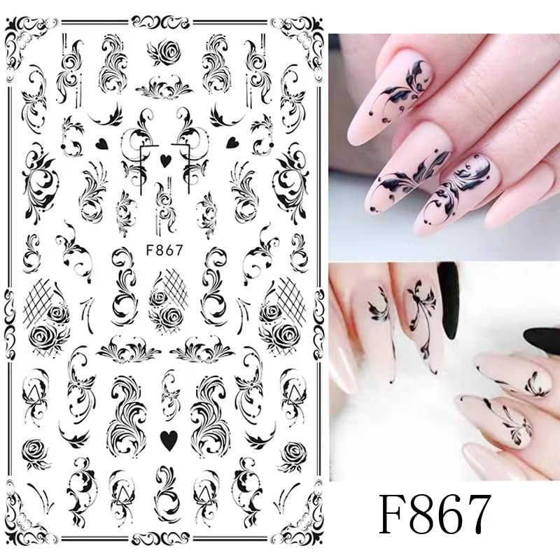 JMEOWIO Nagelsticker Blumen 10 Blatt Nagelaufkleber Selbstklebend Noir Blanc Fleur Nail Art Autocollant Décoration Nageldesign Zubehör