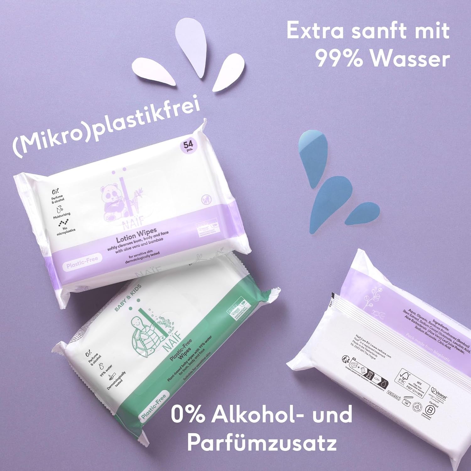 Naïf - Lingettes humides sans plastique - 162 pièces (3 paquets de 54 lingettes chacun) - Soin des fesses, du corps et du visage de bébé - 99% d'eau - 0% de parfum et d'alcool