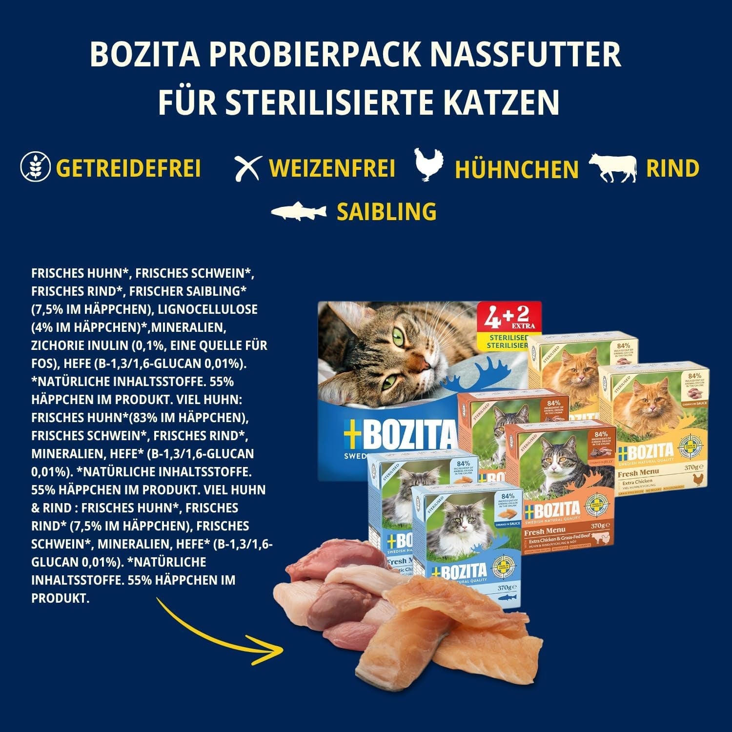 Pack d'essai Bozita Tetra en sauce avec beaucoup de poulet, charbon de bois et beaucoup de poulet et de bœuf en gelée - 4+2-6x370g Aliment sans céréales et sans sucre pour chats stérilisés avec 7,5% de protéines et 5% de matières grasses