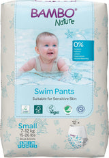 Couches de bain Bambo Nature Baby, taille S (7-12 kg), 12 couches | Couches de bain jetables Secure Fit | Confort imperméable pendant les jeux aquatiques