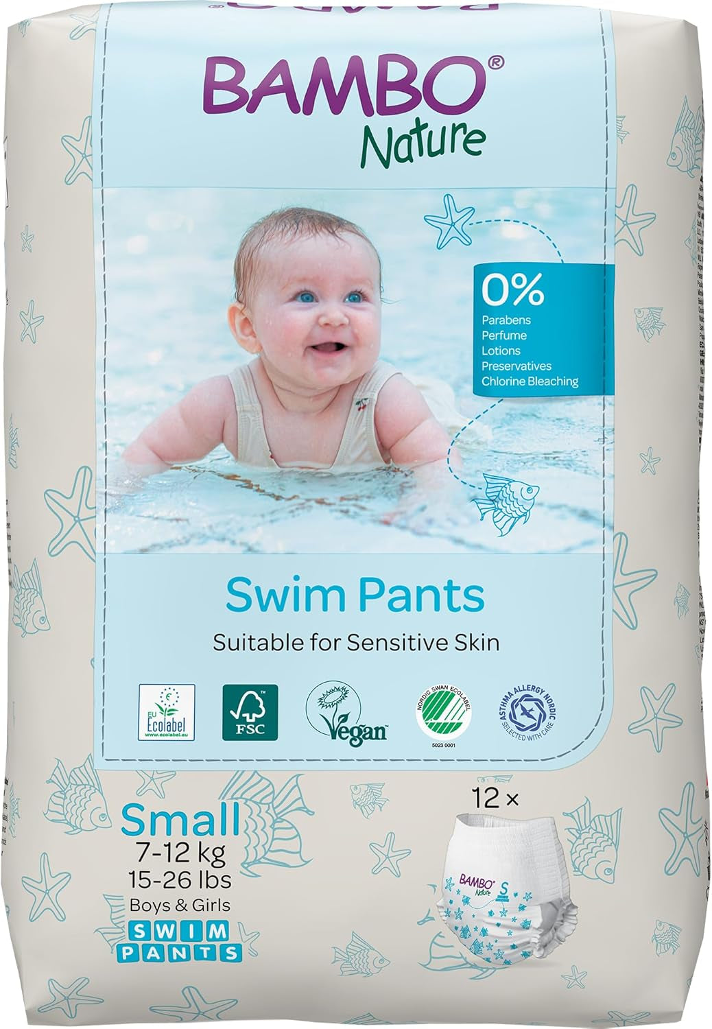 Couches de bain Bambo Nature Baby, taille S (7-12 kg), 12 couches | Couches de bain jetables Secure Fit | Confort imperméable pendant les jeux aquatiques