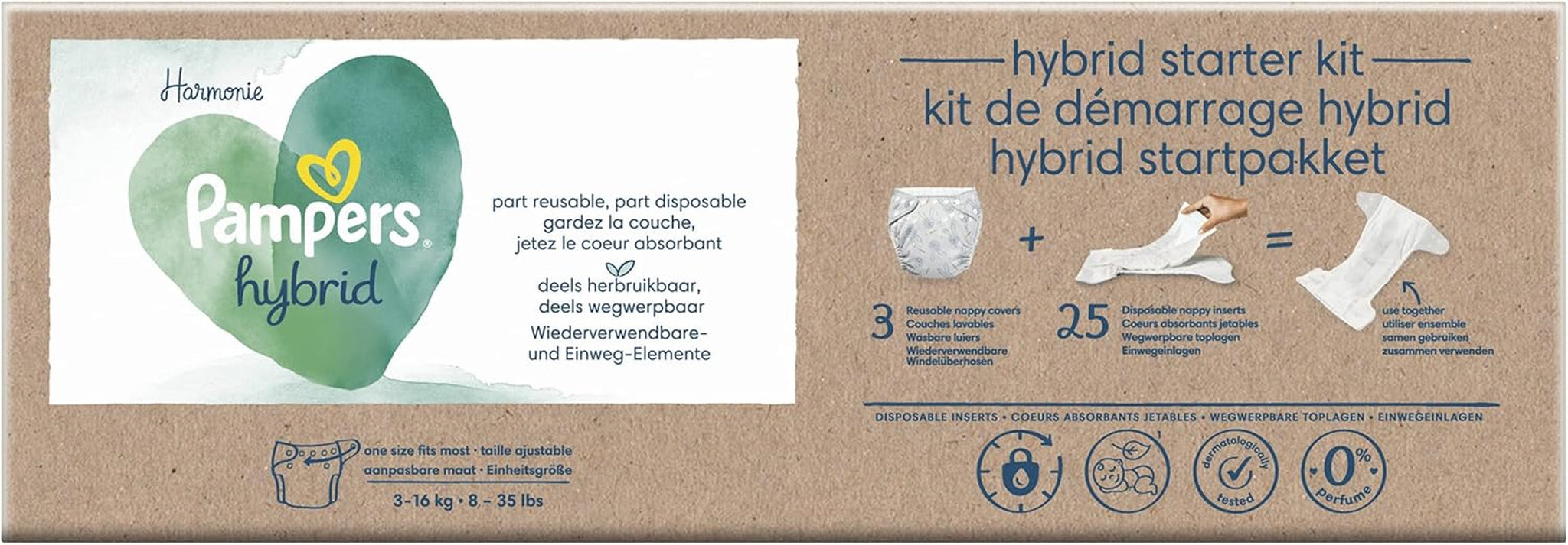 Pampers - Pack de démarrage Harmony Hybrid, 3 couches lavables + 25 couches supérieures jetables - 1 paquet