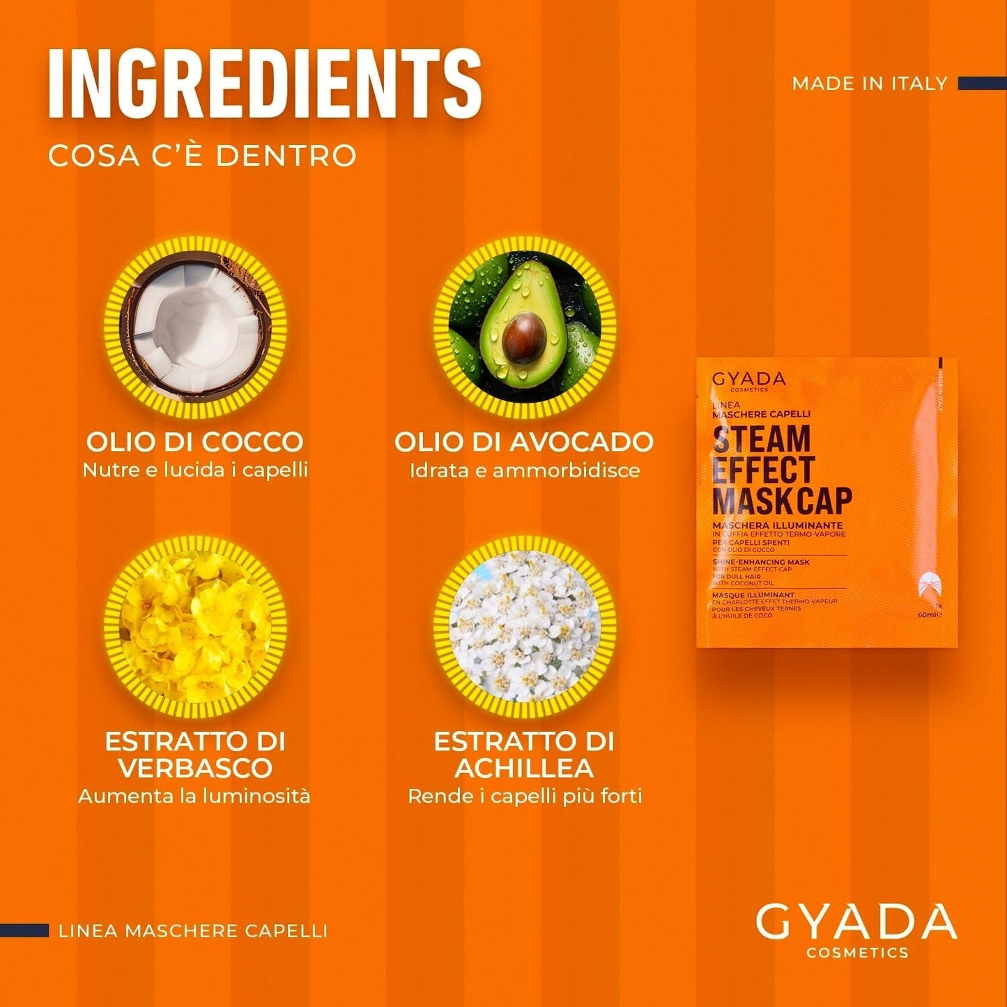 GYADA COSMETICS, masque capillaire en matière légère et revitalisante, donne brillance et douceur, effet nourrissant et réparateur, avec capuchon thermique, à base d'huile de coco et d'avocat, 60 ml Masque capillaire Naty Shop