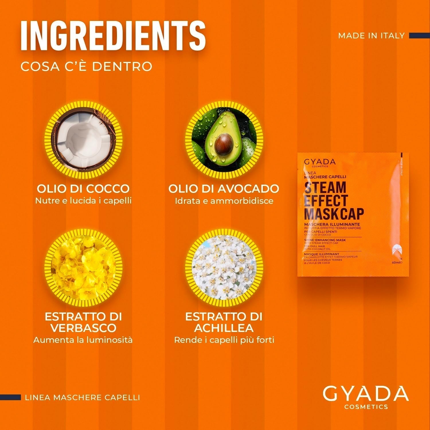 GYADA COSMETICS, masque capillaire en matière légère et revitalisante, donne brillance et douceur, effet nourrissant et réparateur, avec capuchon thermique, à base d'huile de coco et d'avocat, 60 ml Masque capillaire Naty Shop