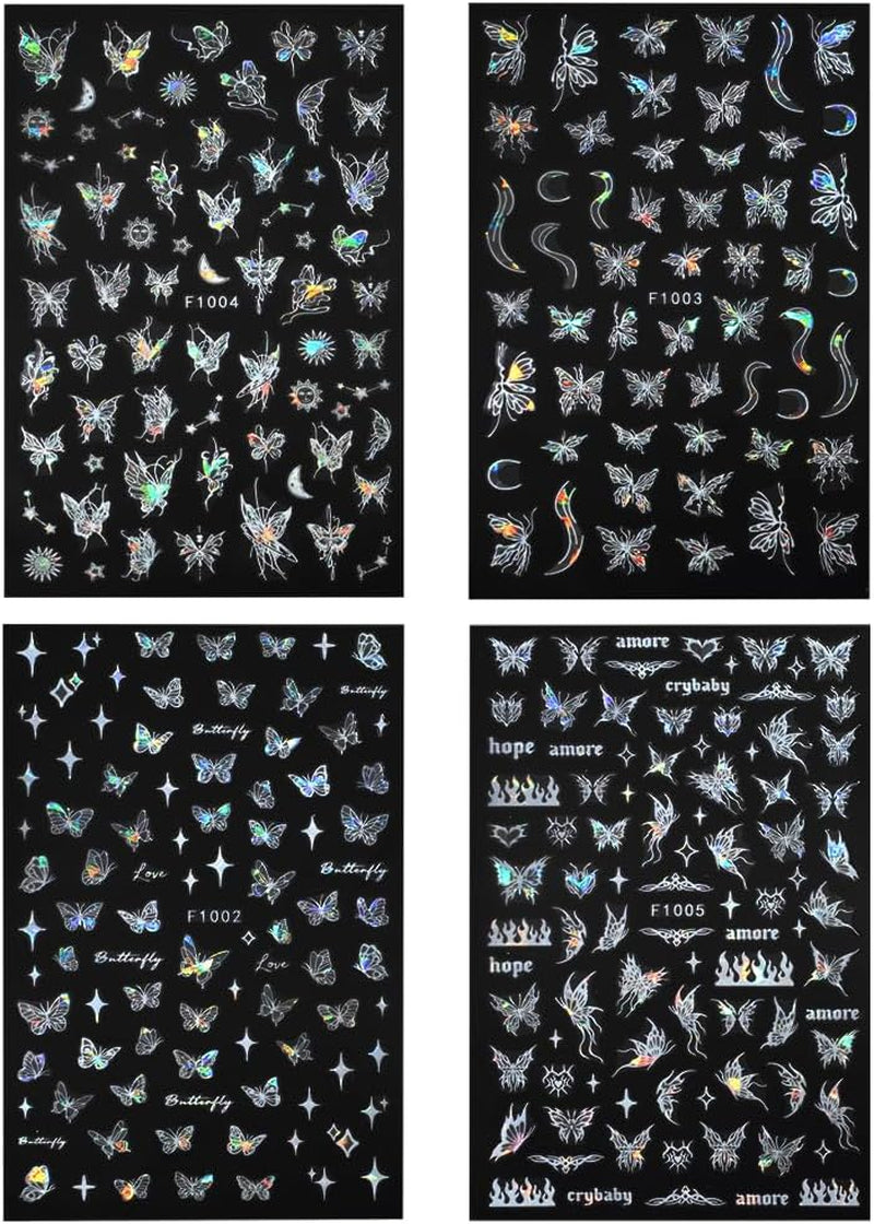 4 feuilles holographiques Laser blanc Schmetterling Nagelsticker,Y2K Aurora Schmetterling Stern Nail Sticker 3D Flamme Herz Nageldesign Nagelsticker Selbstklebend Nagel Sticker Nagel Zubehör Nail Art