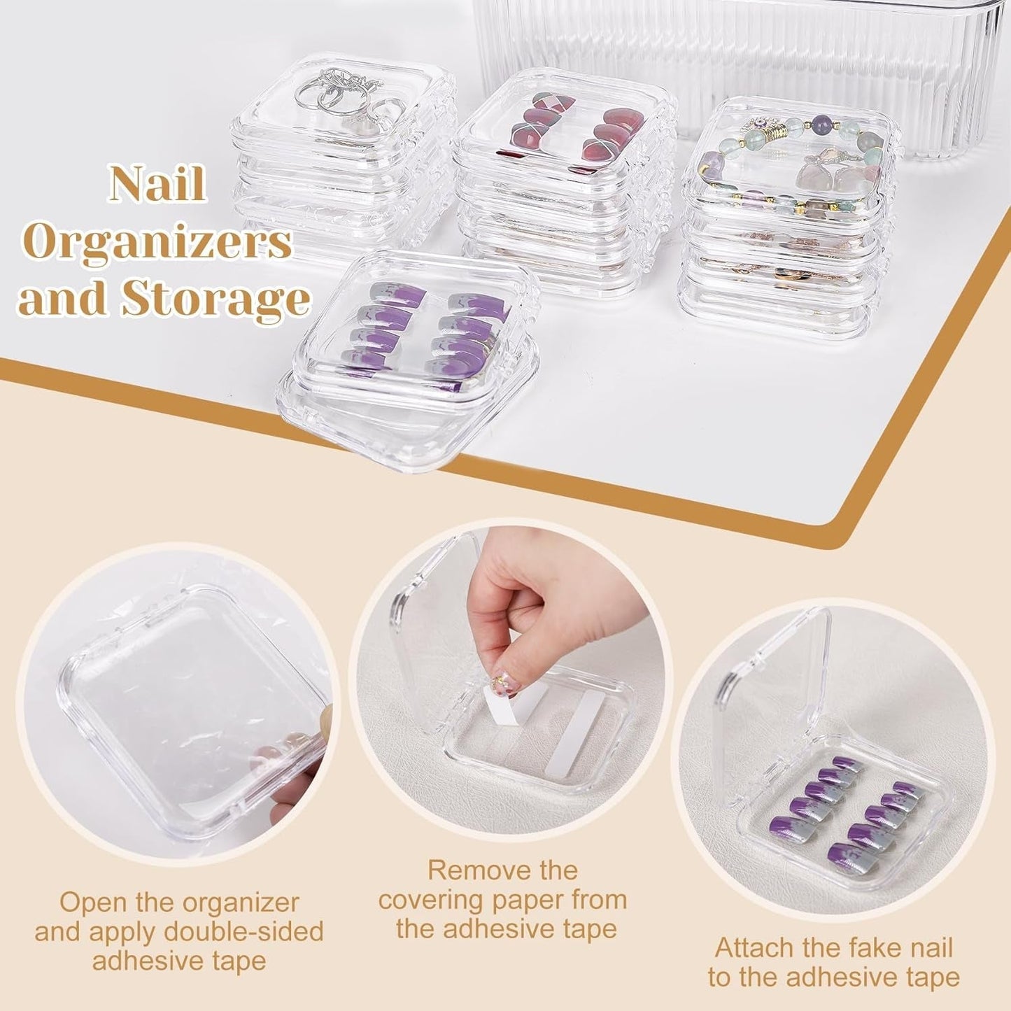 INMORVEN Coffret de rangement pour ongles – 14 boîtes transparentes + 1 grande boîte et 60 disques adhésifs – Idéal pour ranger les faux ongles, les accessoires pour ongles en gel et le vernis à ongles (14 pièces en une couche)