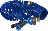 Relaxdays Tuyau spiralé extensible jusqu'à 10 m Tuyau d'arrosage flexible avec pulvérisateur d'eau 7 modes de pulvérisation Bleu 25 x 52 x 15 cm