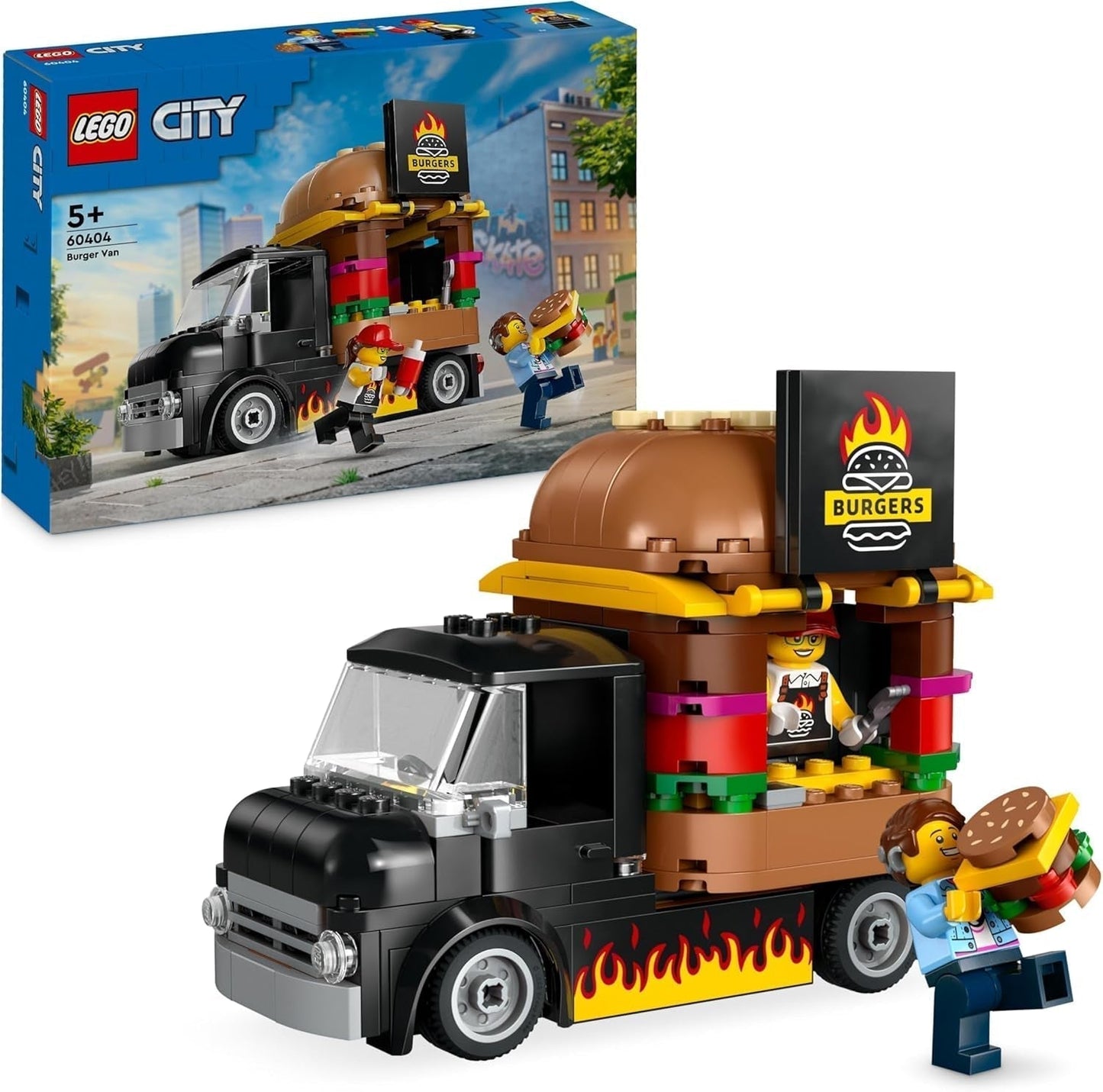 LEGO City Burger Truck - Ensemble de construction avec voiture jouet pour enfants de 5 ans, figurine et accessoires de camion de nourriture, cadeau amusant pour garçons et filles 60404 Ensembles de construction Besuche den LEGO-Store Single