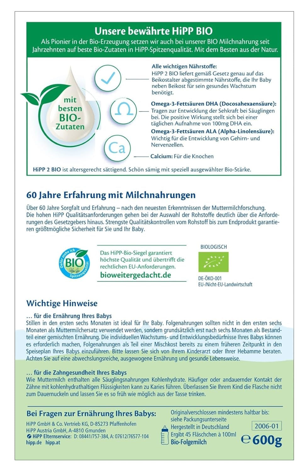 HiPP 2 Lait de suite Bio (4 x 600g), dès 6 mois, avec Oméga-3 (DHA, ALA), calcium et amidon bio facile à préparer, de la meilleure qualité bio