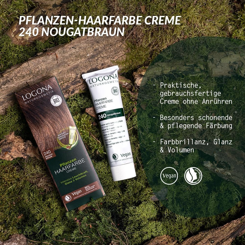 LOGONA Natural Cosmetics Plant Hair Color Cream 240 Nougat Brown, Teinture naturelle pour cheveux bruns au henné, crème colorante pour tons bruns, coloration pour cheveux foncés, 150ml Teinture capillaire Naty Shop