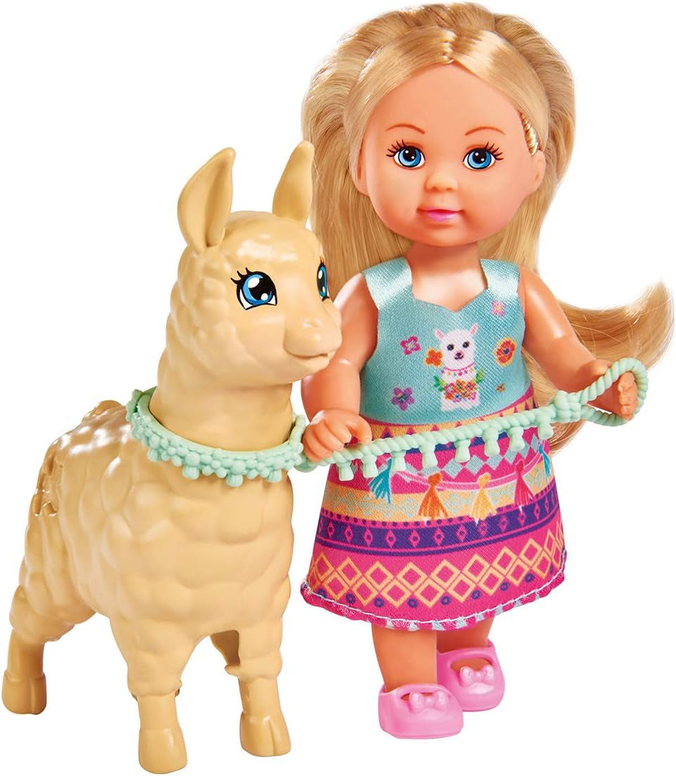 Simba 105733497 - Poupée d'amour Evi dans une jolie tenue d'alpaga et une laisse, 12 cm, pour enfants de 3 ans et plus