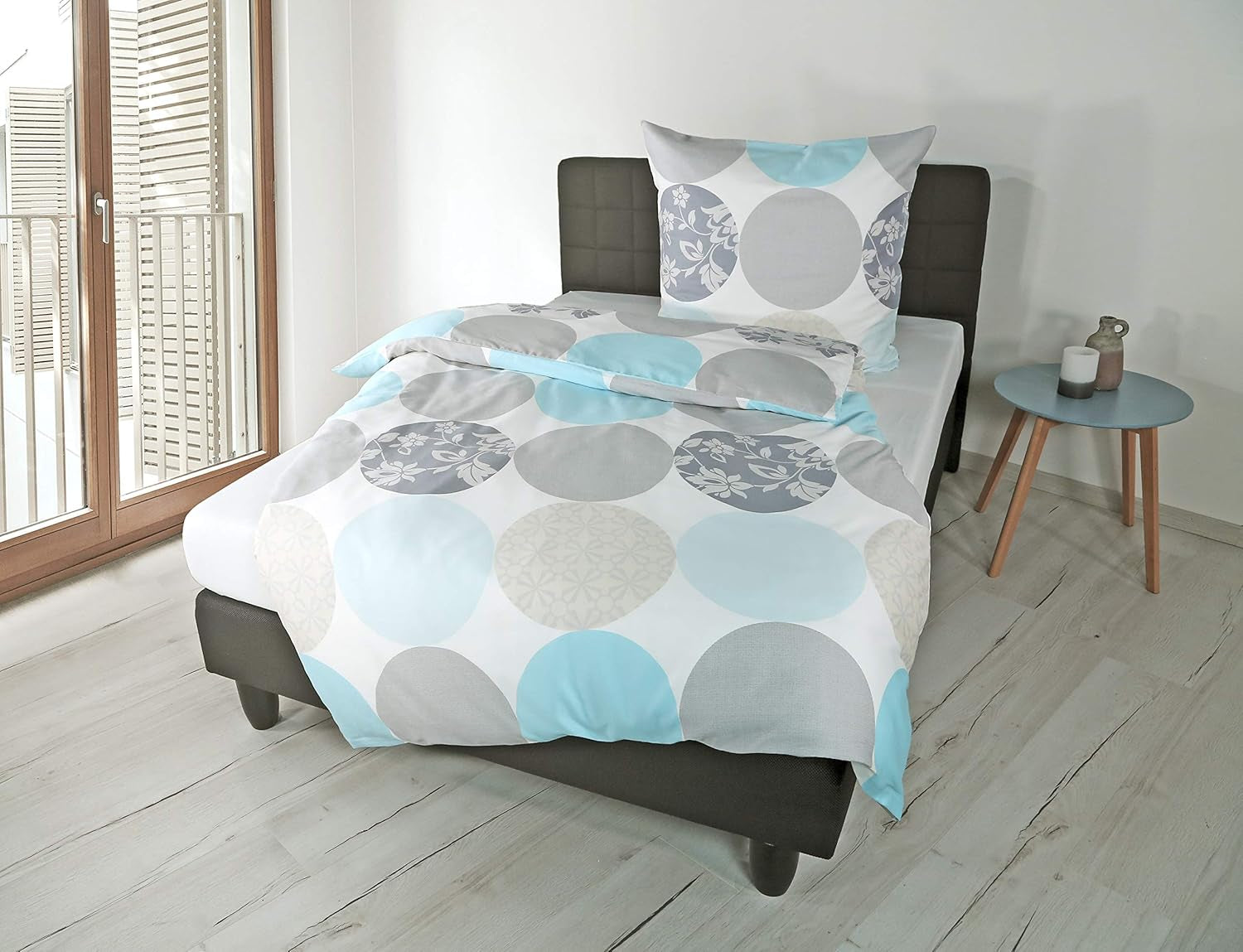 Linge de lit Bierbaum, maco-satin, conçu en Allemagne, modèle 6383 turquoise 02, 155X220 Cm + 80X80 Cm, taille confort Lits et Couvertures Besuche den Bierbaum-Store