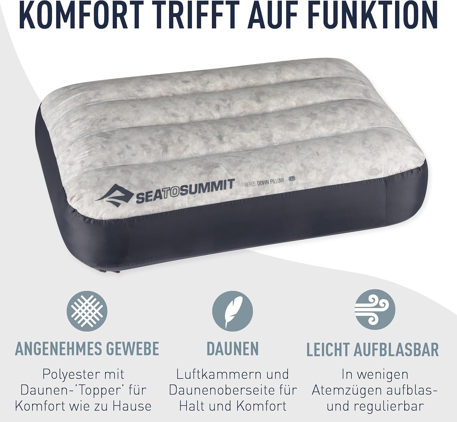 Sea to Summit - Oreiller de voyage Eros Down L - Ultraléger et gonflable - Matériau 10D - Oreiller en duvet de qualité supérieure - Antidérapant - Pour la randonnée et le camping - 42 X 28 X 12 cm - Gris - 95 G Naty Shop Oreillers de voyage