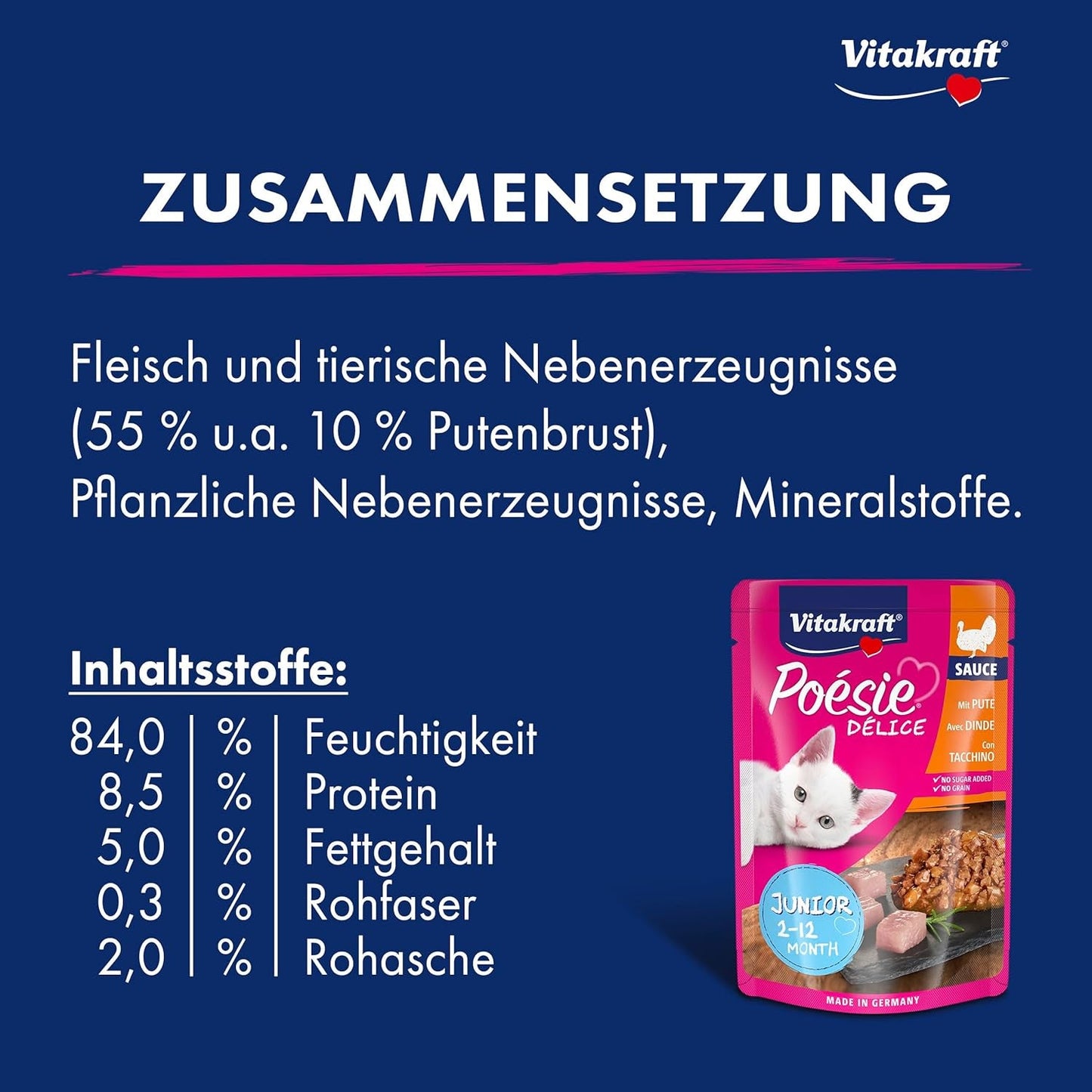 Vitakraft Poésie Délice, Junior, Nourriture humide pour chats, Nourriture humide en sauce, à la dinde, Multipack, pour jeunes chats, Sans sucre ni céréales ajoutés (23 x 85g)