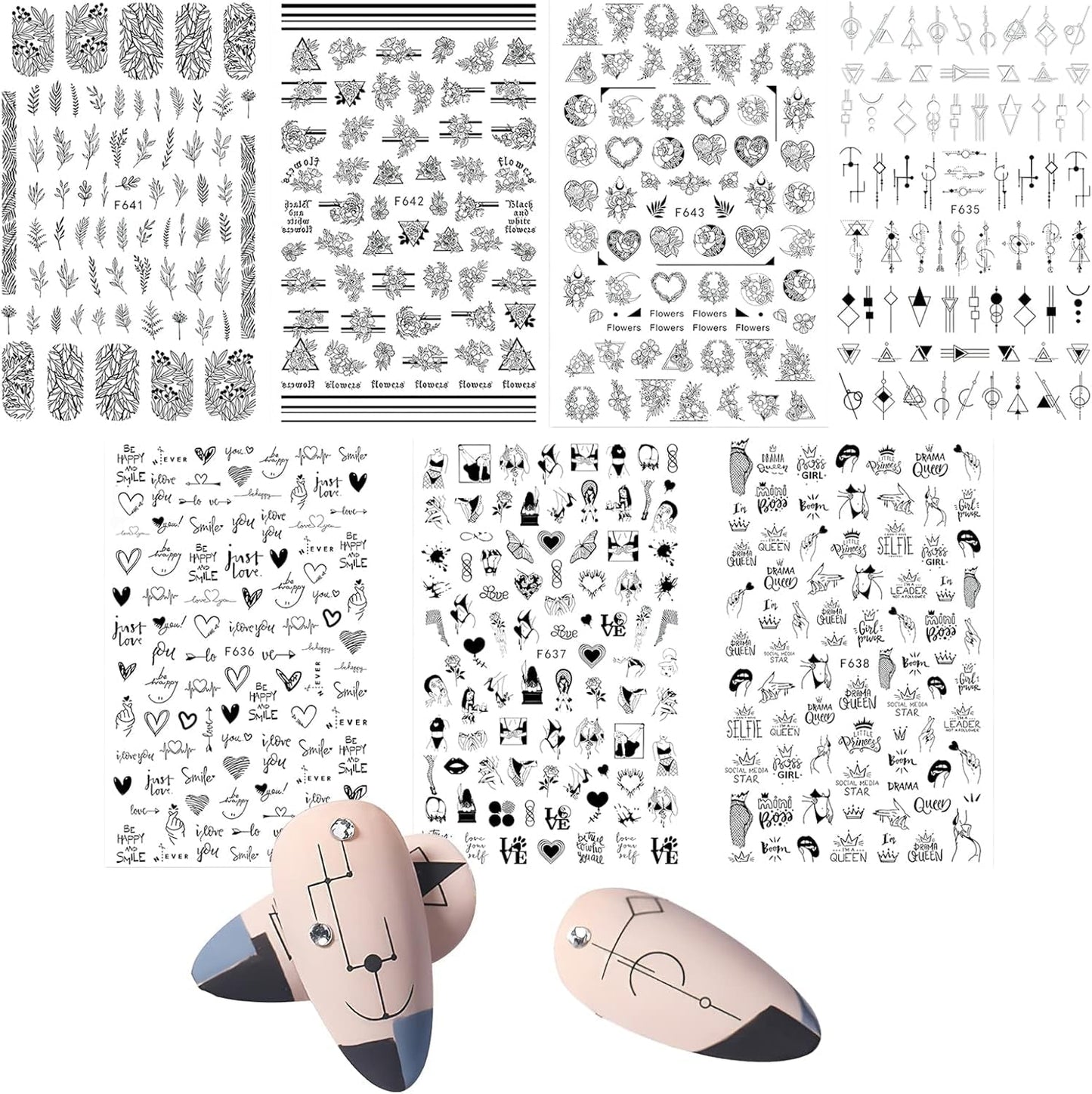 7 Blätter Nagelsticker Selbstklebend Nagelsticker Blumen Abstract 3D Schwarz Nagelaufkleber Nageldesign Herzform Wörter Pflanzen Nagel Sticker DIY Nail Art Zubehör Maniküre Dekoration