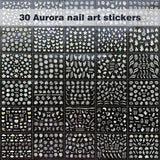 30 Blatt Aurora-Nagelkunst-Aufkleber, Selbstklebende 3D-Blumen-Nagelaufkleber, Aurora-Mond-Stern-Nagelaufkleber pour l'art de l'artisanat, Blatt-Herz-Nageldesign pour DIY-Acrylnägel-Dekoration