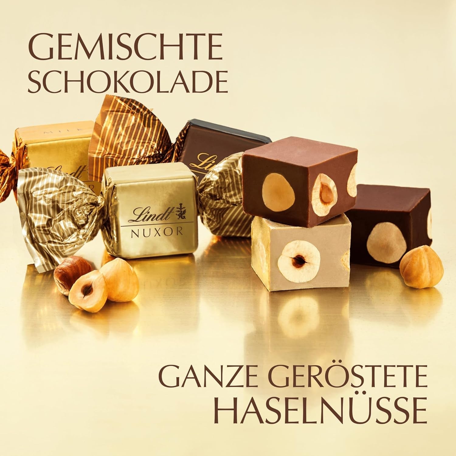 Chocolat Lindt | Mélange pour sac NUXOR | 103g | Cubes de chocolat crémeux au Gianduja en trois assortiments avec noisettes entières grillées | Cadeau chocolat
