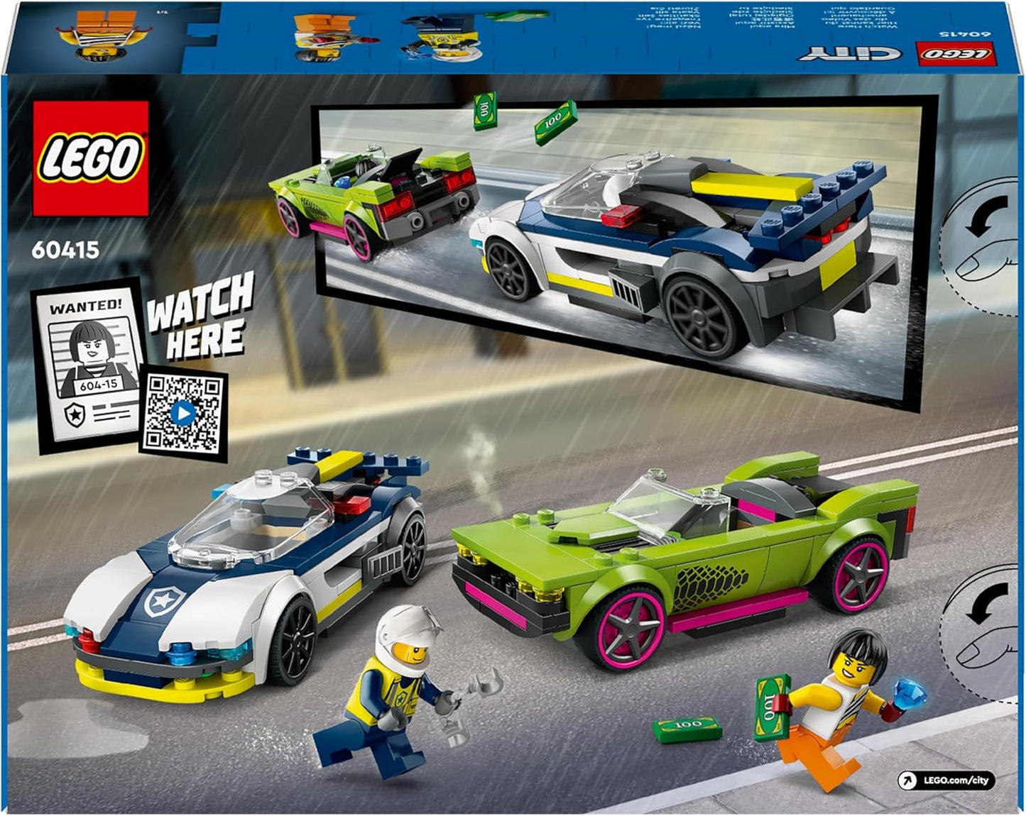LEGO City Car Chase avec voiture de police et muscle car, train jouet avec 2 voitures de course, cadeau de police pour enfants, garçons et filles à partir de 6 ans, set avec policier et figurines Ganovin 60415 Jeux de construction Besuche den LEGO-Store