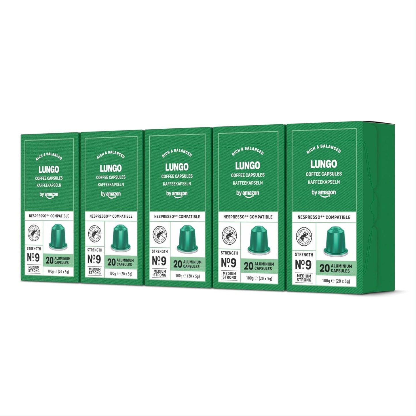 by Amazon Lungo Capsules de café en aluminium, compatibles avec Nespresso, avec des tasses, 100 pièces (5 paquets avec 20 pièces) – Certifié Rainforest Alliance