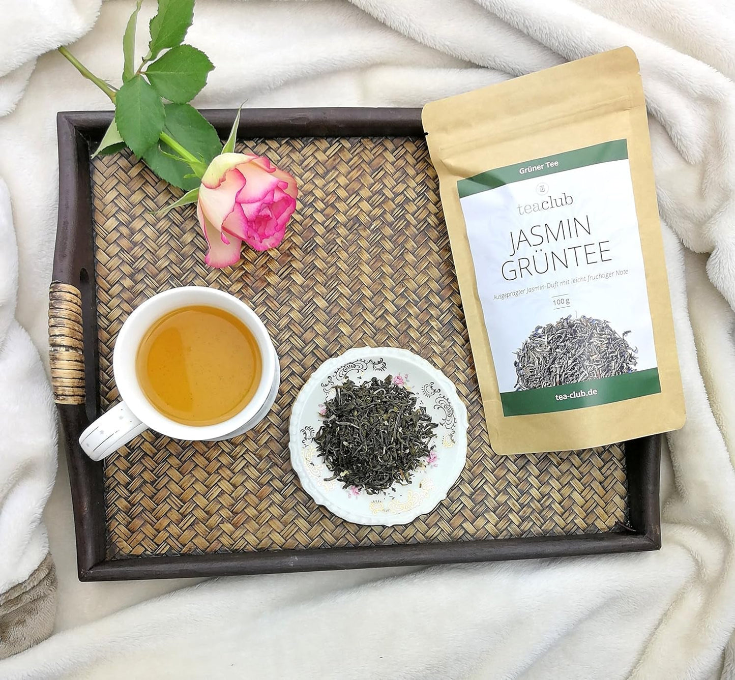 Thé au jasmin en vrac 100g, Thé vert à la fleur de jasmin naturellement aromatisé, Thé vert au jasmin au goût de jasmin prononcé, Thé vert Teaclub