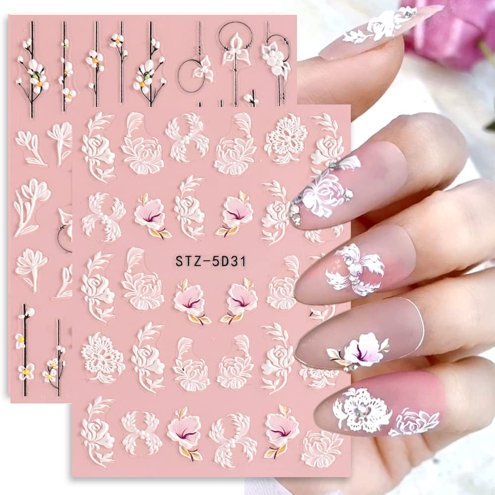 4 Blatt 3D Nagelsticker Frühling Blume Nagelaufkleber 5D Stereoskopisch Selbstklebend Nail Art Sticker Décoration Nageldesign Zubehör