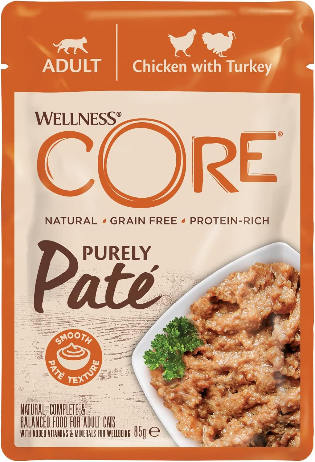 Wellness CORE Purely Paté 24 x 85g, Poulet et Dinde - Nourriture humide pour chats, pâté fin, sans céréales, naturelle, hypoallergénique, riche en protéines, riche en viande