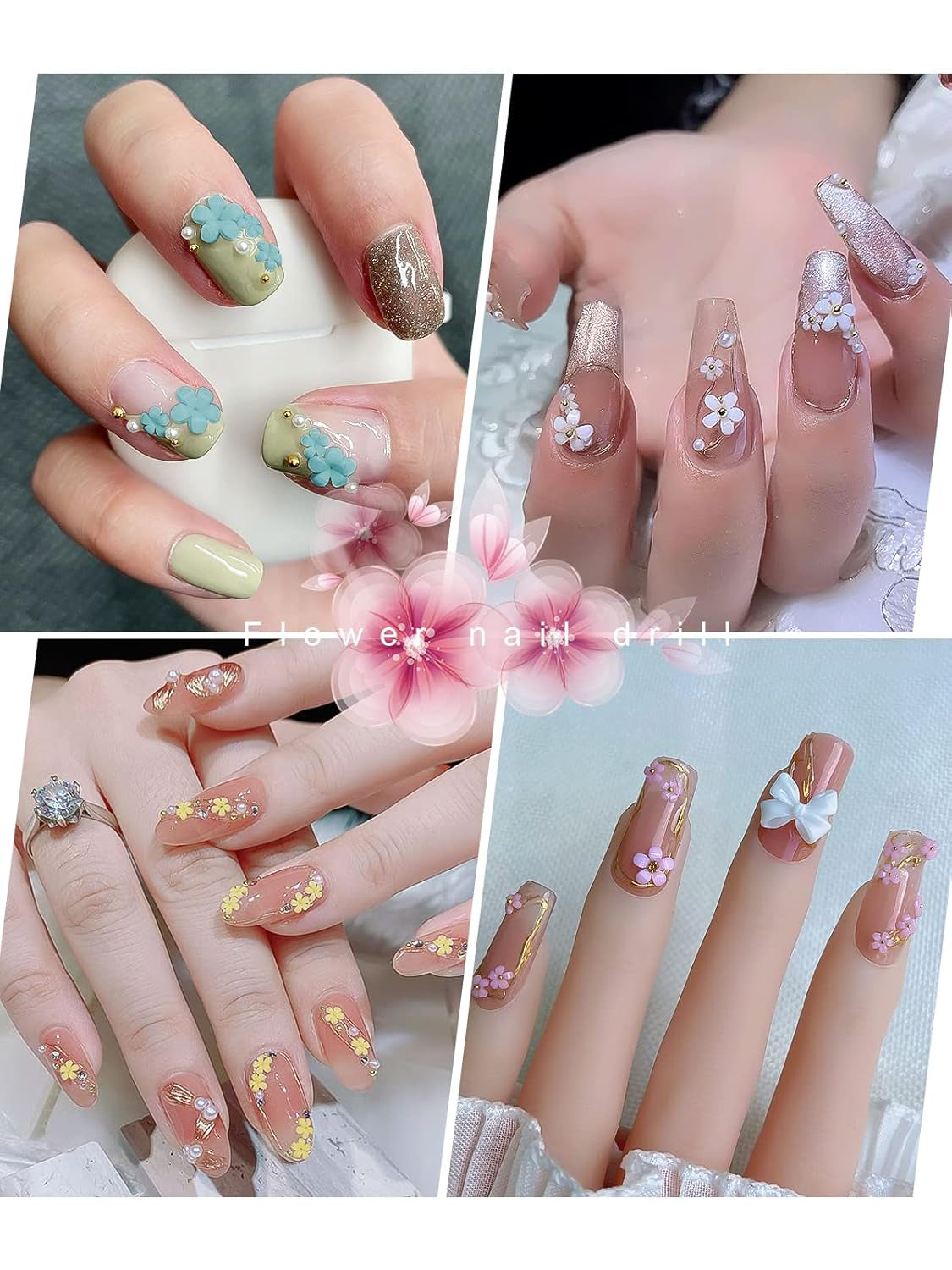 Kalolary Breloques pour nail art en forme de fleurs en acrylique 3D pour ongles, cinq pétales, ornements floraux, pierres précieuses, strass, perles métalliques mélangées pour bricolage, conception de nail art, fabrication de bijoux (2 boîtes)