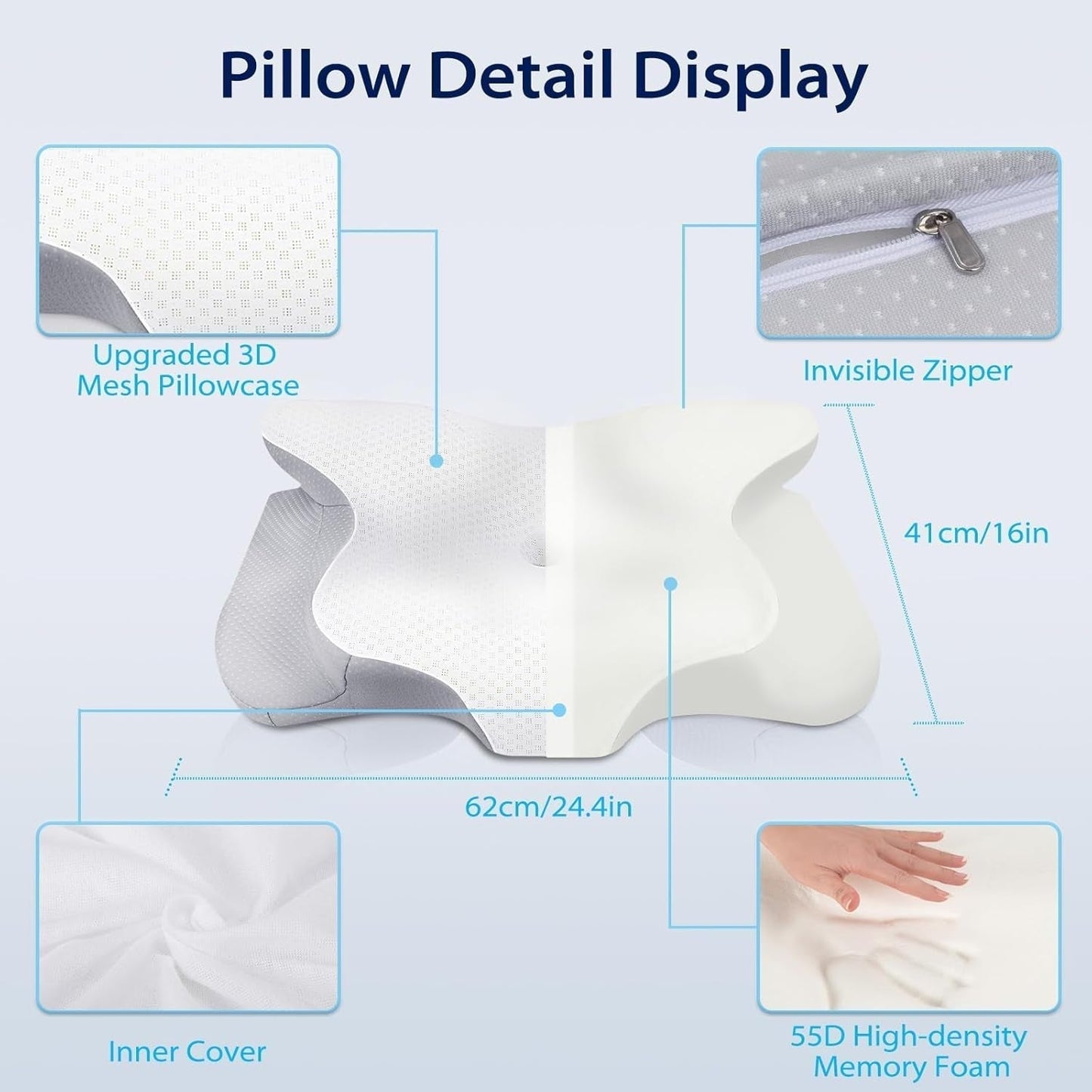 Oreiller cervical HOMCA, oreiller ergonomique en mousse à mémoire de forme, housse d'oreiller rafraîchissante 3D pour position couchée, latérale ou couchée, 62 X 41 X 9,5/12,5 cm Oreillers orthopédiques cervicaux Naty Shop