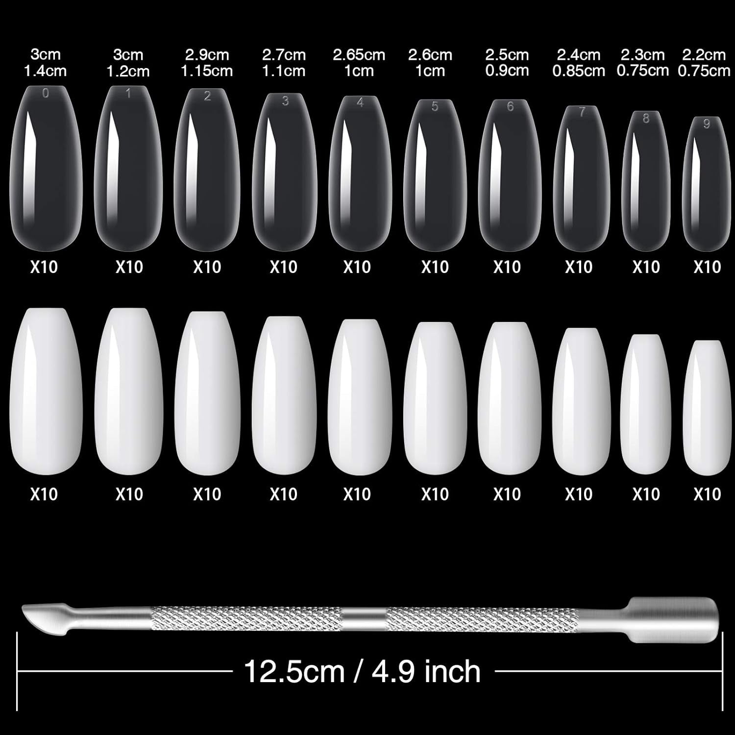 200 pcs Faux Ongles Conseils 10 Tailles Acrylique Ongles Artificiels avec Poussoir à Cuticules et Boîte Transparente pour Femmes et Filles (Naturel et Transparent)