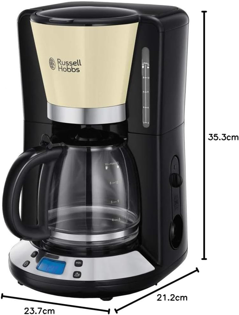Russell Hobbs Cafetière [minuterie numérique, pomme de douche pour une extraction et un arôme optimaux] Colors+ Creme (1 à 10 tasses, carafe en verre 1,25 L, plaque chauffante, 1100 W) Cafetière à filtre 24033-56