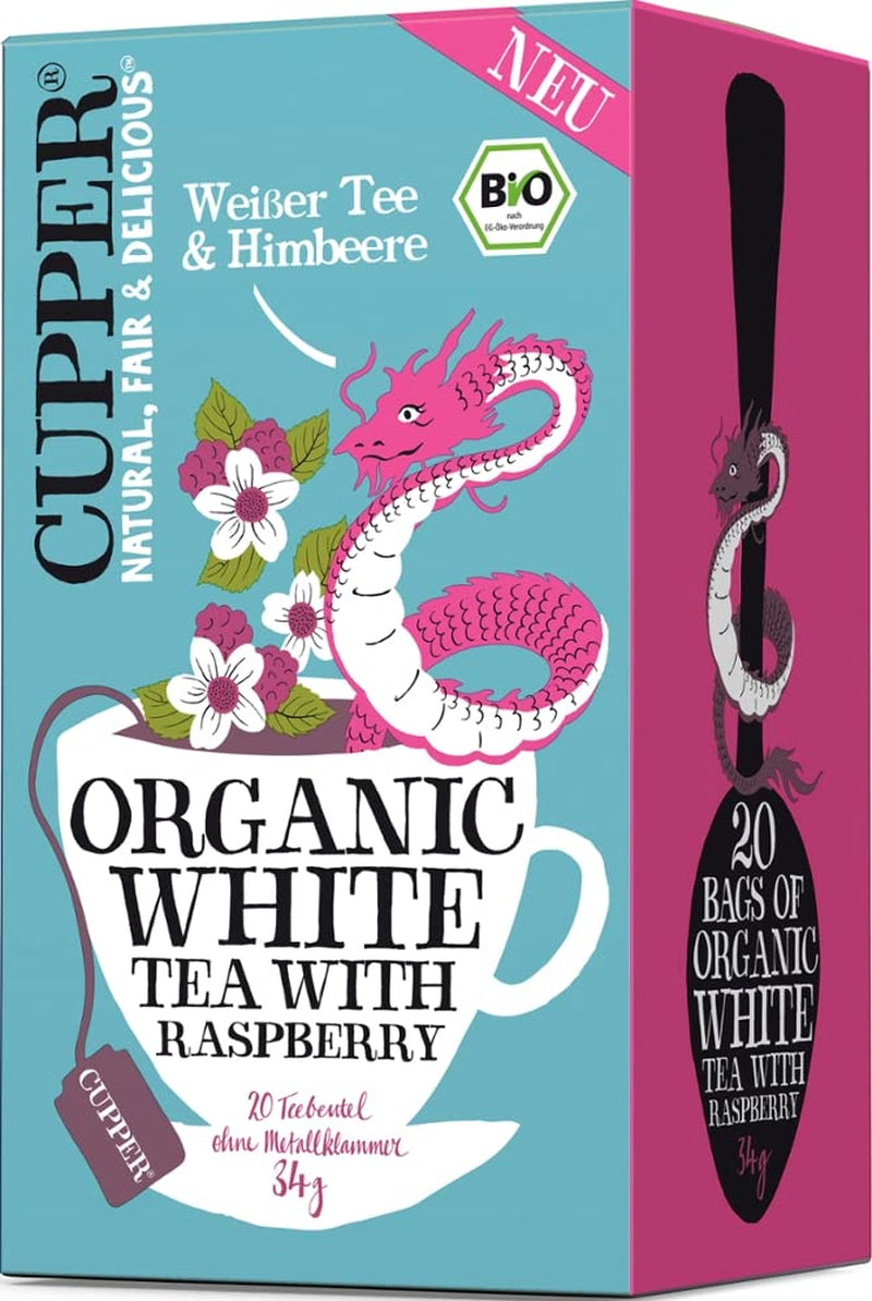 Cupper Thé blanc biologique, framboise, 20 sachets, 34 g (paquet de 4)