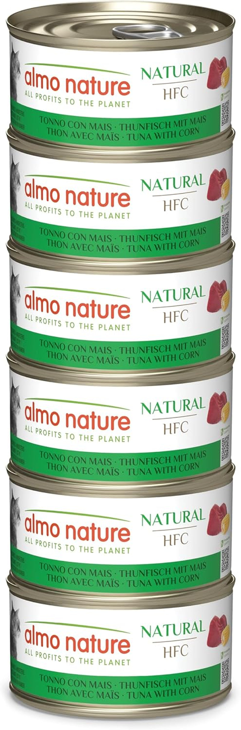 Almo Nature HFC Natural - Nourriture humide pour chat adulte - Thon et maïs - Qualité humaine, Sans gluten - 6 x 70g