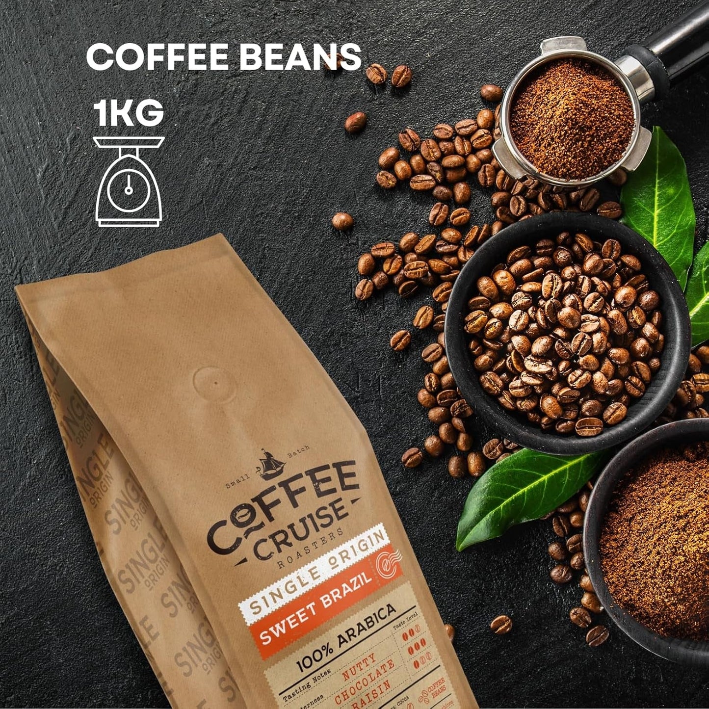 COFFEE CRUISE Sweet Brazil Brasilianische Kaffeebohnen 1kg - Mittlere Röstung - Aroma Kakao und Schokolade - Pour toutes les machines à café - 100% arabe