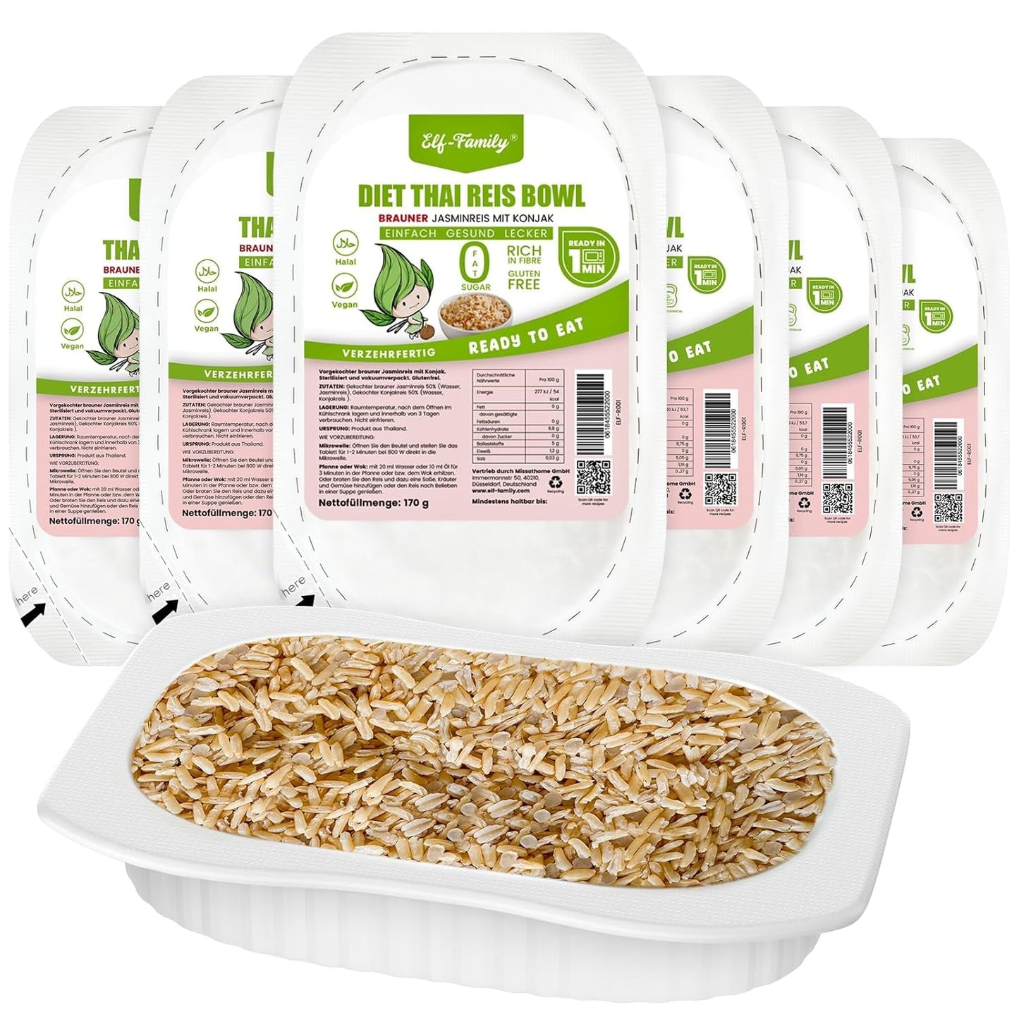 Elf-Family Konjak Reis Thai Brauner Shirataki Bowl -[Boîte pour 1 personne] - Instant Jasmin Reis - Fertiggerichte for Mikrowelle - Natural Superfoods Mikronährstoffe - Vegan/Low Carb/Fettfrei - 6er Box
