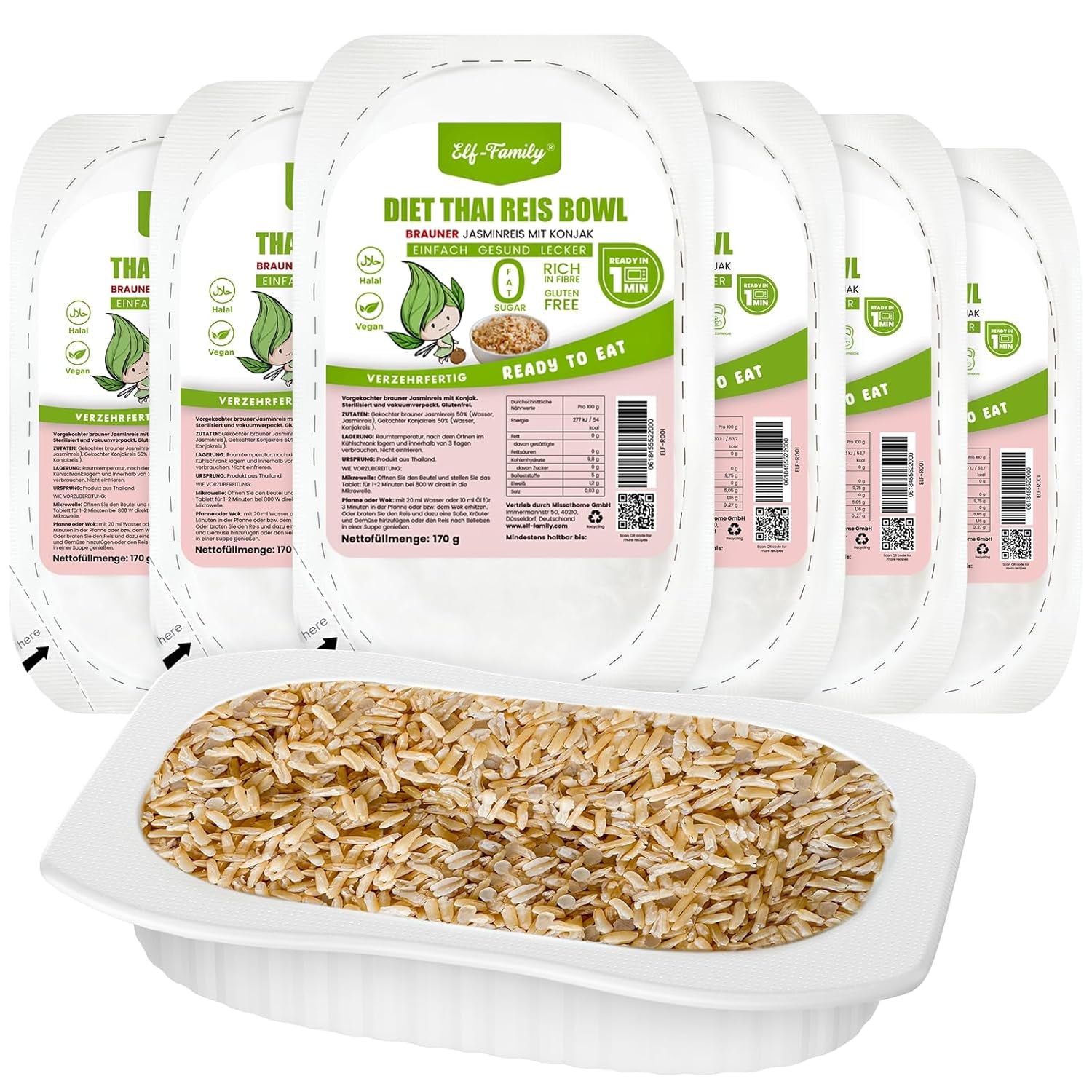Elf-Family Konjak Reis Thai Brauner Shirataki Bowl -[Boîte pour 1 personne] - Instant Jasmin Reis - Fertiggerichte for Mikrowelle - Natural Superfoods Mikronährstoffe - Vegan/Low Carb/Fettfrei - 6er Box