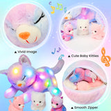 Chat en peluche musical à LED, jouet chantant léger, mère chat avec 3 chatons dans le ventre, berceuse animée, jouet apaisant pour mères, enfants, petites filles, arc-en-ciel, 45 cm