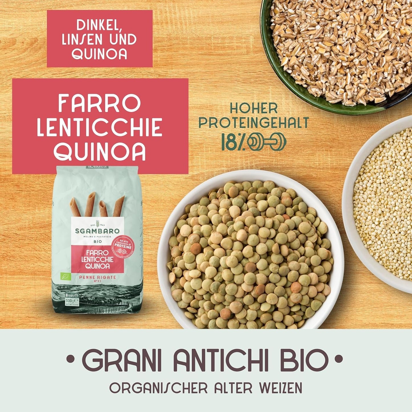 Pâtes Penne Rigate Bio N.91 - 500g à la farine d'épeautre, farine de lentilles et farine de quinoa - Riches en protéines, source de fibres et de protéines