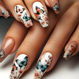 24 pièces presse longue sur les ongles cercueil ongles artificiels fleur de papillon ongles adhésifs blanc marron ensemble d'ongles en acrylique conseils d'ongles femmes printemps été accessoires pour ongles
