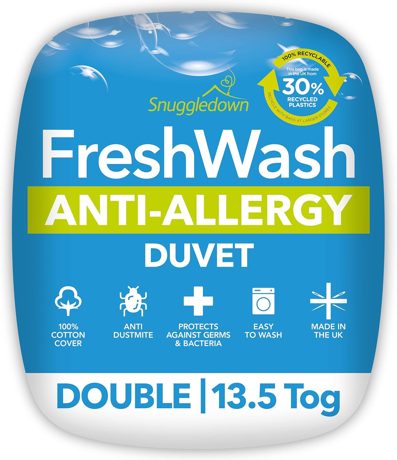 Couette pour allergies Snuggledown Freshwash, 13,5 Tog Winter Warm, coton, blanc, lit simple Couettes et couettes Naty Shop 10 X 200 X 200 Cm 13,5 Tog