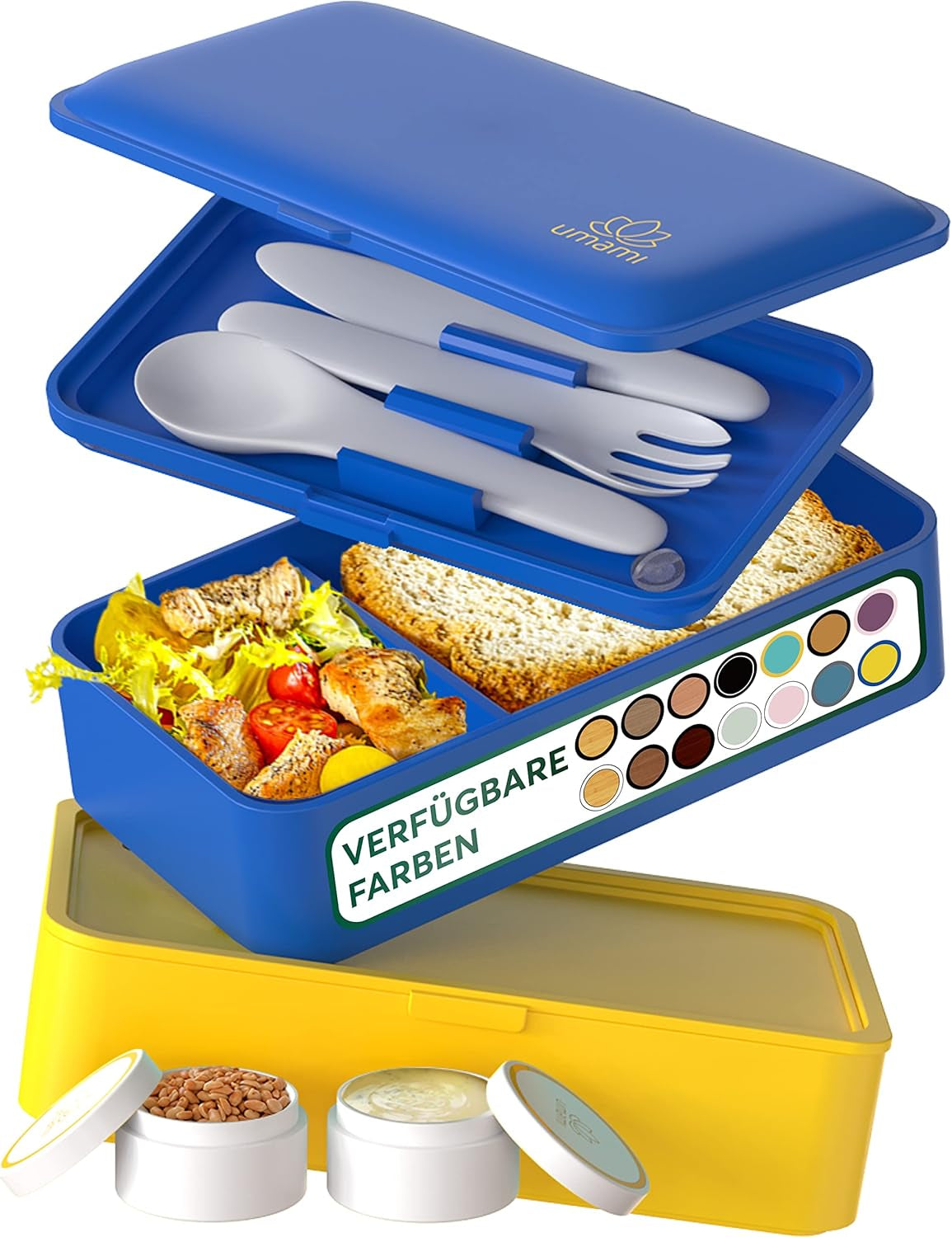 Umami Boîte à Lunch pour Adultes, Boîte à Bento Empilable avec 4 Couverts et Compartiments, Boîte à Lunch Adulte, Récipient à Salade à Emporter, Boîte à Lunch Pique-Nique/Bureau, Gris Charbon, 1500 ML Naty Shop Boîtes de Conservation des Aliments Or Bleu L - 1200 Ml