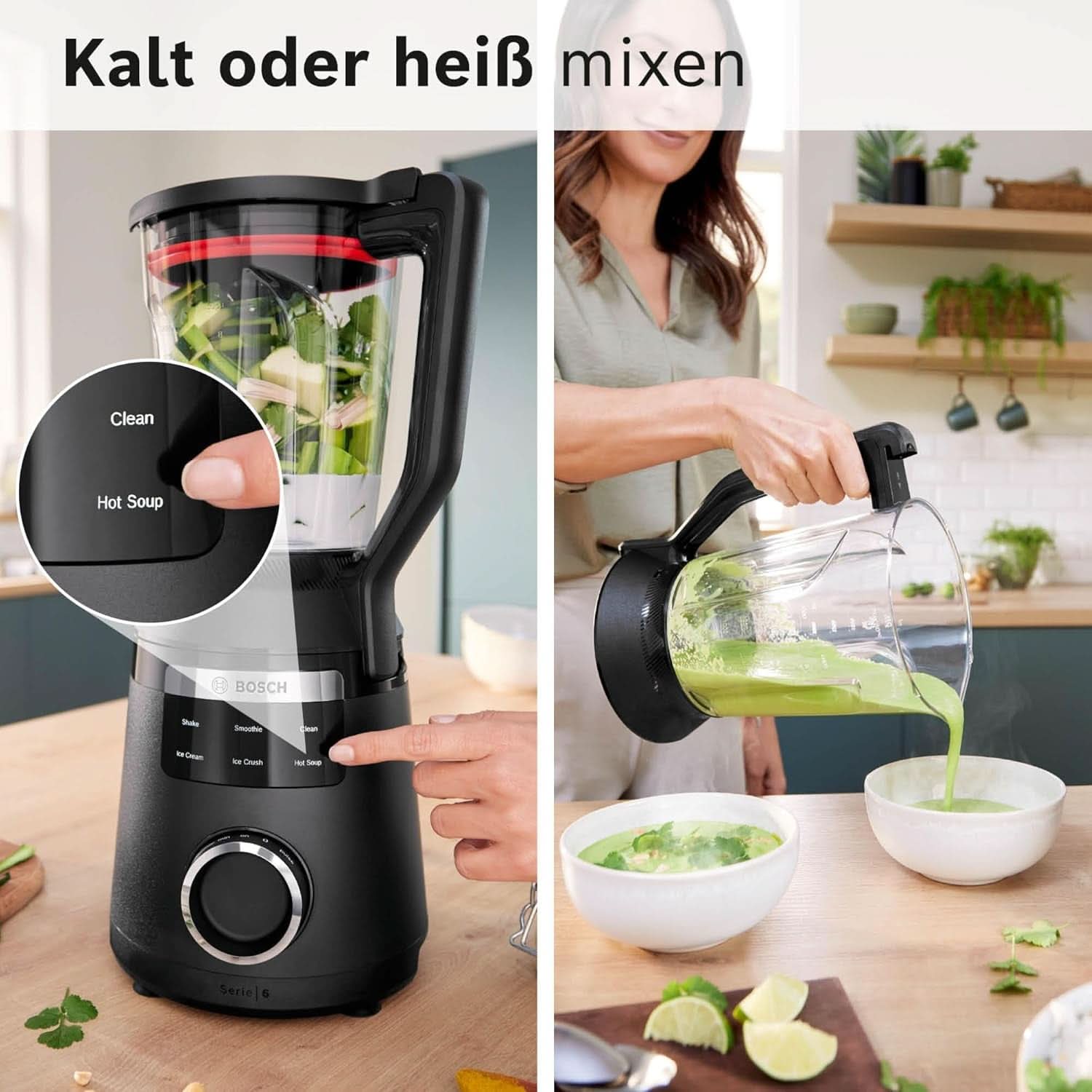 Batteur sur socle à grande vitesse Vitapower Serie 6 MMBD665B1, 45 000 tr/min, 6 programmes Inkl Heiße Suppe & Reinigung, 2 L Mixbehälter, Stopfer, Spülmaschinenfeste Teile, Made in Europe, 1800W, Schwarz Kitchen Naty Shop