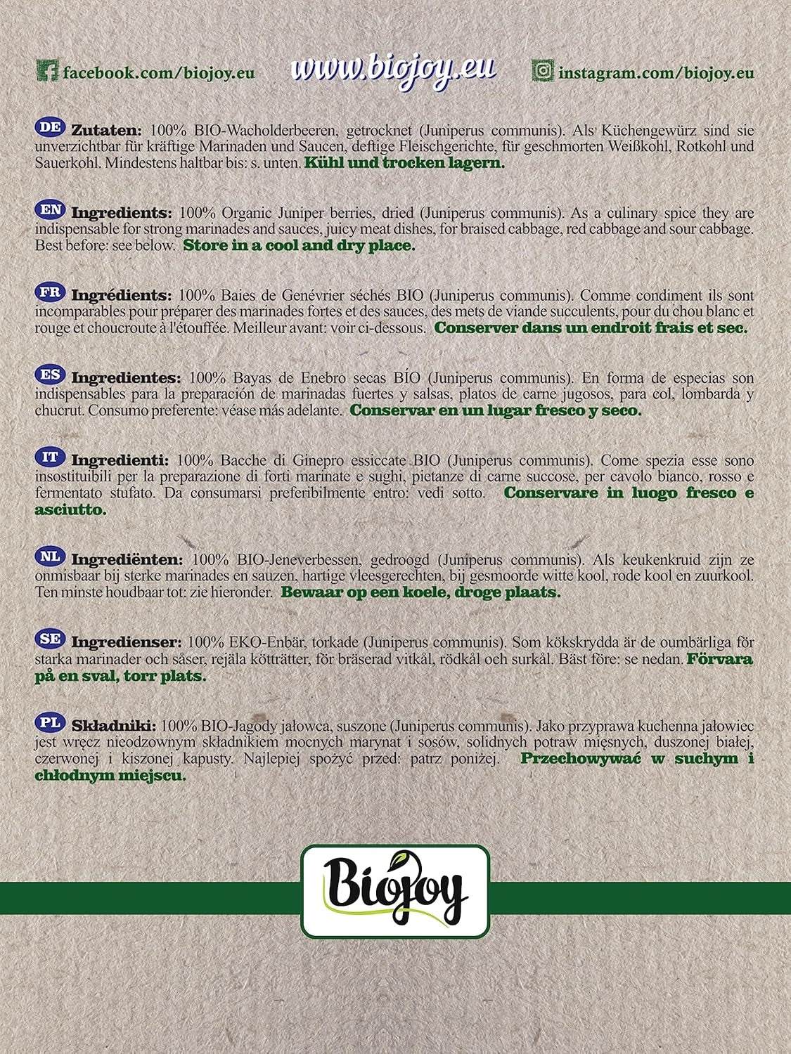 Fruit de genévrier bio Biojoy (250 g), séché et entier, sans additifs (Juniperus communis) Produits déshydratés Naty Shop