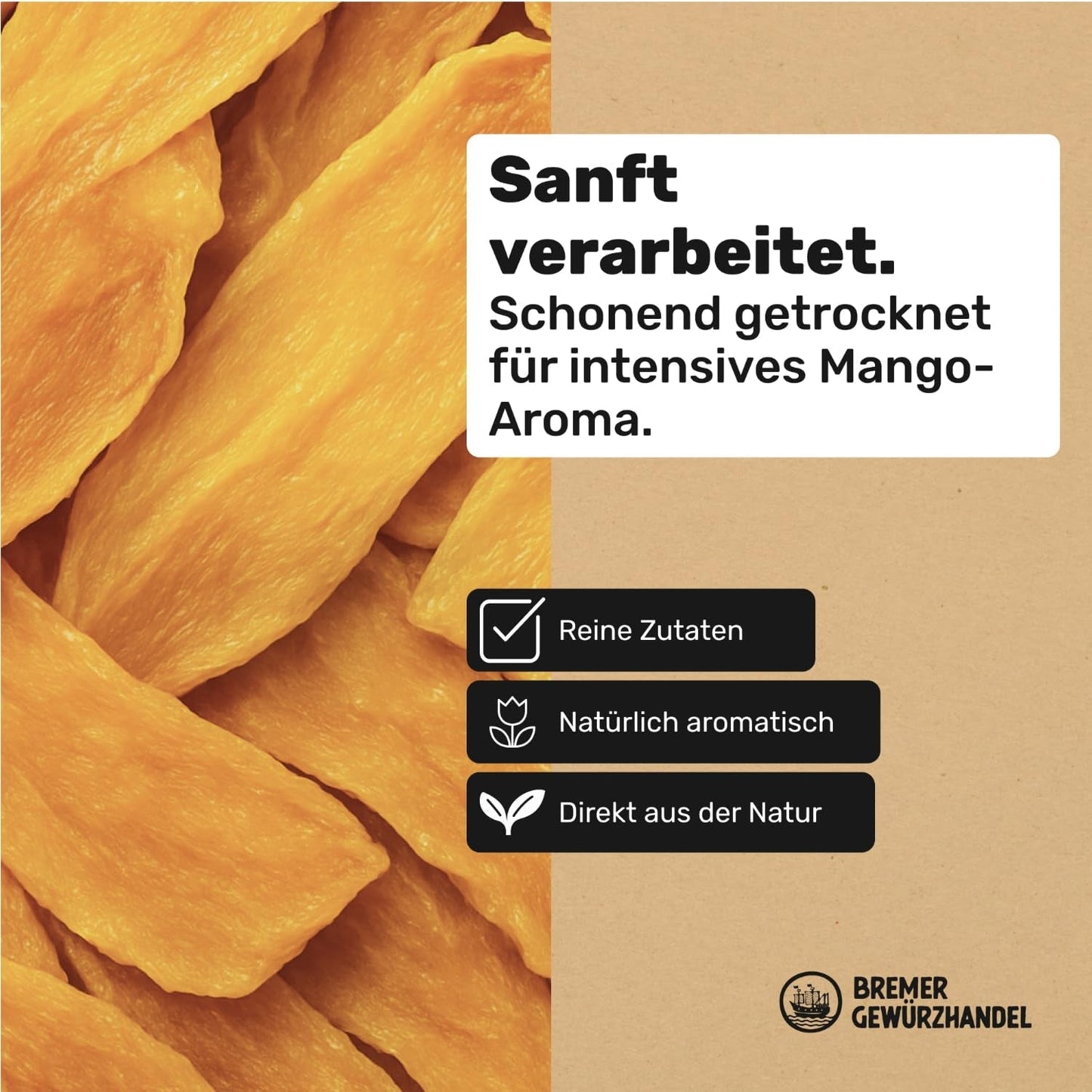 Mangue Bremer Gewürzhandel, lanières de mangue séchées, sans soufre, sans sucre ajouté, 1kg Produits déshydratés Naty Shop