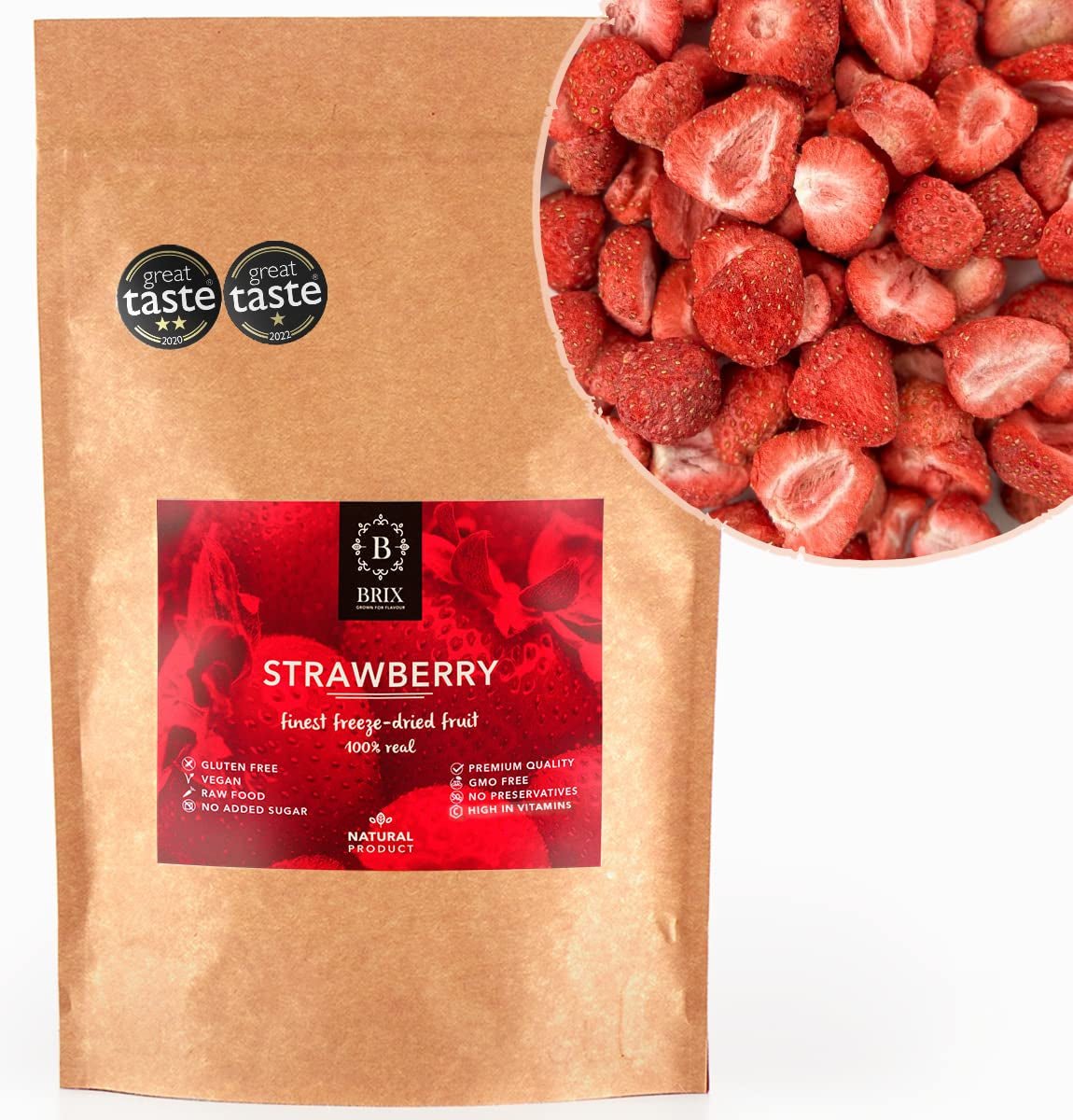 Fraises lyophilisées BRIX | Fraises naturelles 75 g | Great Taste Award pour les fruits séchés et lyophilisés | Sans OGM, sans gluten, végétalien, vitamines retenues Naty Shop Produits déshydratés Titre par défaut