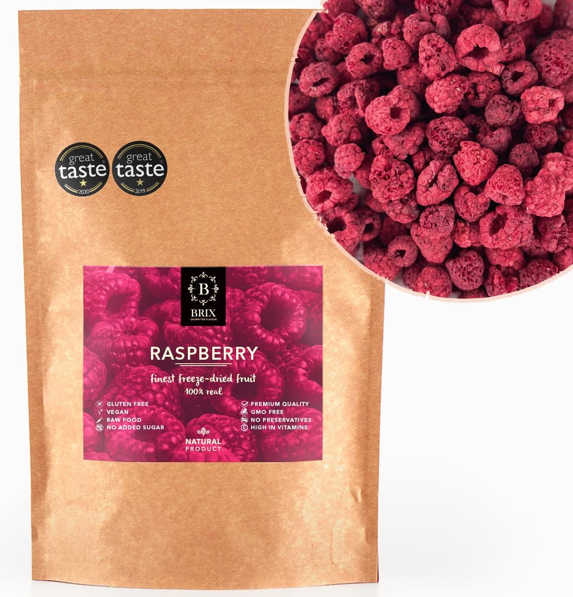 Framboises séchées BRIX | Framboise naturelle lyophilisée 85 g | Grand Prix du Goût pour les Fruits Secs | Sans OGM, sans gluten, végétalien, vitamines conservées Naty Shop Produits déshydratés Titre par défaut
